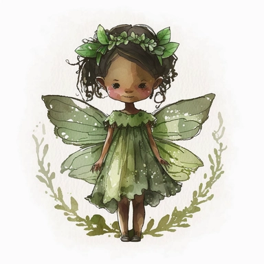cute mixed race skin fairy girl wings watercolor clipart green dress - - ar 3 : 2 - - 4b