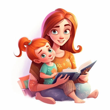 mom reading book , stylized , clipart , cute , child sat beside , happy mom , cute girl , reading book , , white background, bright engaging children's illustration, digital painting, big eyes, beautiful shading, beautiful colors, amazon kdp, happy, interesting, white background , clipart