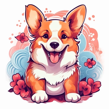 ector of a cute happy corgi in hyper real beautiful japanese tattoo, paint art style, clipart, detail design, colorful, contour, white background, magnificent,