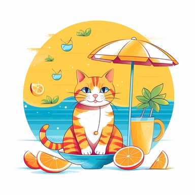 Capture the essence of summer joy with a delightful clipart illustration of a cat enjoying the season, set against a clean white background. Picture a lively cat engaged in playful activities like chasing a butterfly or playing with a beach ball. Infuse the scene with elements that evoke the summer vibe, such as sunglasses, a sun hat, or a cool beverage. Utilize a vibrant color palette featuring pops of bright hues like energetic yellows, lively greens, and vivid blues, creating a sense of warmt
