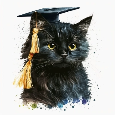 Cute fluffy black cat wearing a graduation cap and cat collar, clipart, white background, in the style of claude monet