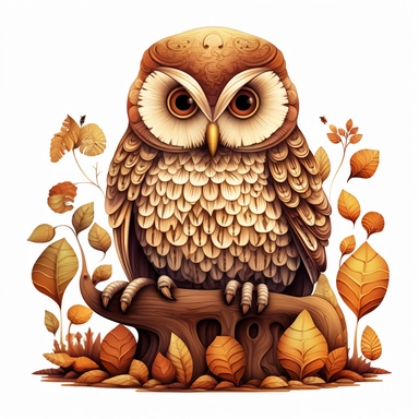 a beautiful cartoon owl sitting mushrooms, 70's style, CLIPART, WHITE BACKGROUND, in the style of felicia simion, natural colors, brown, tan, earth tones, neutrals, natural owl colors, gradients, ian miller, #screenshotsaturday, pattern-based painting, bess hamiti, white background,