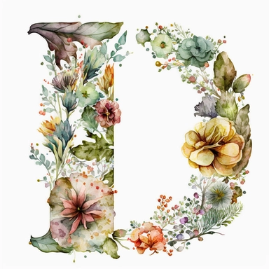 Watercolor botanical flower letter D, clipart, colorful, white background