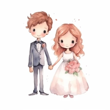 Very cute wedding illustrations clipart , newlyweds, on a white background , watercolors, husband and wife on their wedding day , love