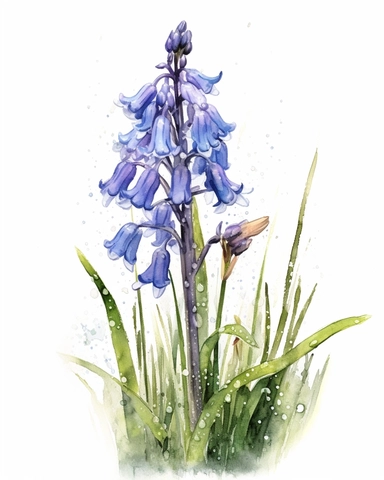 A stunning watercolor impressionist painting of bluebell flower clipart depicting it in full form. The painting is rendered in HDR, DTM, full HD, and 8K resolution, with ultra-detailed brushwork that captures every nuance and detail of the subject. The painting is created by master artists such as Artgerm, Yoshitaka Amano, or Stefan Gesell, who are known for their realism and superb skills in professional color grading. The colors are vibrant and dynamic, with soft shadows and no contrast, creat