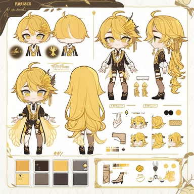 character sheet, knoling, clipart, inventory catalog, cute chibi character, golden wavy long hair, long bangs, yellow-green eyes, flat chest, beautiful young boy, gothic, frill, lace shirt, high West brown shorts, yellow bird, mimosa, yellow jewelry, ribbon