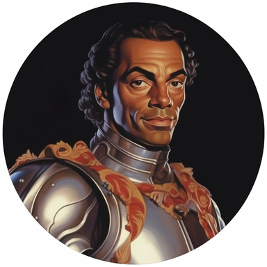 Arthur Sarnoff's character portrait circular tondo depicting a dark-skinned uniformed fantasy knight, Boris Vallejo Mike Allred Josh Kirby, clipart illustration, circular solid background circular border