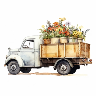 side rear realistic watercolor drawing of a vintage flower delivery truck in England, on a white background where the background will be removed to repurpose as a clipart.