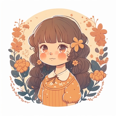 Unique Super Adorable little cute bueautifull cottagecore Girl portrait Clipart on white background, character design, warm tones and orange colors, orange and blue tones, gouache painting, cel shading, vector, clipart, 8k, line art, sacred geometry, transparent background, In the style of, ghibli style, miyazaki, Ryo Takemasa, xuan loc xuan, Lisa Audit, Anastasia Suvorova, Jon Klassen, greg tocchini, ultra - detailed, best quality, well composed, vibrant color tone, elaborate, vibrant colors, h