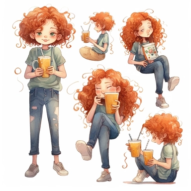 multiple poses characters of a girl around 4 years old wearing dungarees and with orange curly hair and sleeping on a big glass of bubble tea, watercolor in medieval cartoon grunge style clipart on white background