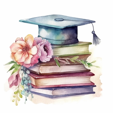 Graduation caps on top of stack of books with flowers, watercolor clipart, soft colors, border