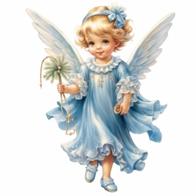 A little girl in a blue dress holding a palm tree.