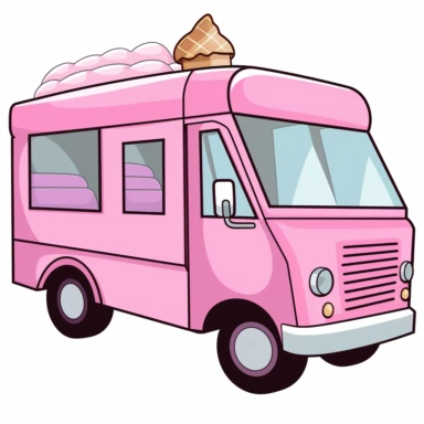 a Pink colour Ice cream truck cartoon clipart on a white background, caricature-like, two-dimensional