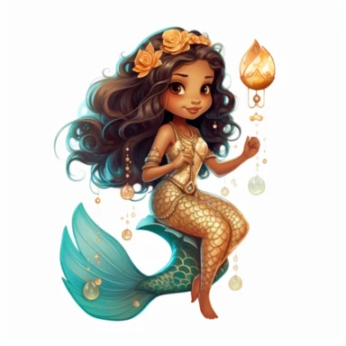 pretty brown skin mermaid with mermaid tail , clip art, jewels, little fish swimming in the forground