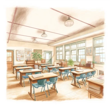 feminine watercolor line artwork clipart illustration of a school classroom in neutral realistic colors, isolated on a white background, spaced out, 4k, hyper realistic
