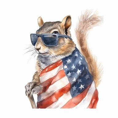 an Eastern gray squirrel, American flag scarf and sunglasses, a tree branch, acorns, colorful ink wash paintings, realistic animal illustrations, 2d game art, quadratura, clipart, on white background,