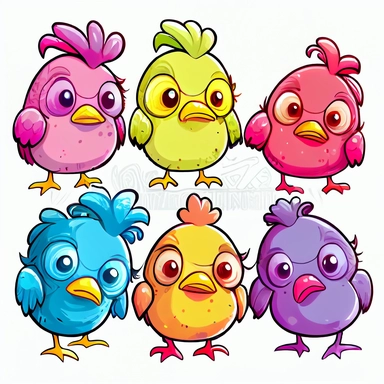 funny pink, yellow, blue, orange, and green chickens with ideal eyes, face, wings and legs, after pinnata party, hight detailed faces, cartoon style, white background, black outside lines, designs, white background, watercolor pencil drawing, small details, digital art, clipart, super acurate, –testp, pixar,