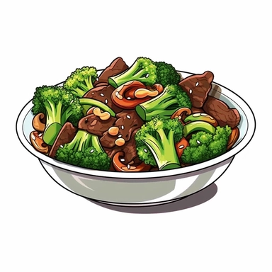a chinese beef and brocolli stir fry , simple illustration, cartoon vector style, clipart, white background