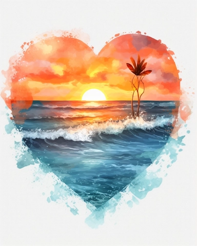 Retro Heart Beach Sunset Watercolor Clipart, Watercolor Beach Sunset in a Heart Shape Clipart, Beach Clipart, sand, starfish, Watercolor Clipart, highly detailed, white background 8k