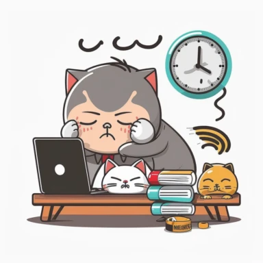 cute cat suffering from heavy workload, business context for human resources, vector graphics, clipart, white background