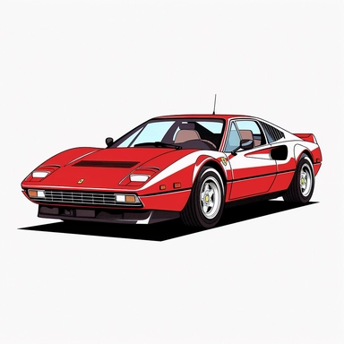 in clipart style, vector image, A meticulously crafted illustration of a red 1975 Ferrari 308 GTB , highlighting its iconic design and graceful contours, placed against pure white background (style: evoking the accuracy and refinement of classic automobile blueprints) (lighting: deliberate, directional lighting, casting gentle highlights and shadows on the car's structure) (colors: an elegant palette for the car's body set against a pristine, white backdrop) (composition: captured from a side vi