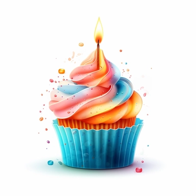 Delicious And Dreamy Gourmet Kid's Cupcake With A Birthday Candle, Pink, Orange And Blue, Clipart, HD, White Background