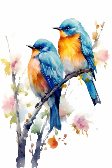 Watercolor cute birds standing on a branch in spring, nature, very vivid colors, highly detailed drawing, white background, clipart, colorful, highly detailed, HD