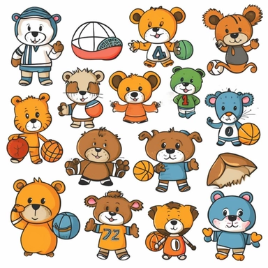 Design a clipart set that depicts animals playing various sports such as basketball, soccer, volleyball, tennis, and football. Select animals that are commonly associated with the specific sport, adding also images of other animals that would be unexpected but depict a playful atmosphere. Add extra details like uniforms and equipment like balls, nets, and rackets. Each animal should be depicted doing a specific action associated with the sport, such as a lion dribbling a basketball or an eagle s