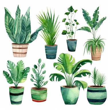 Watercolor House Plants Clipart. Indoor Plants Elements. Monstera, Cactus Illustration. Boho Home Decor Clipart. Home green garden. Plants in pots
