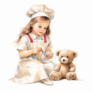 vintage adorable little girl dressed as nurse taking care of teddy bear, red cross, clipart style, full body, watercolor technique, super high quality, professional watercolor clipart, high resolution