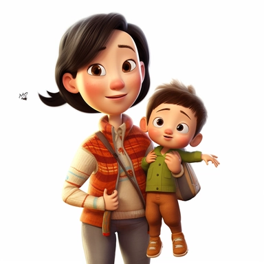pixar style clipart, mom and 2 year old son, Chinese, white background