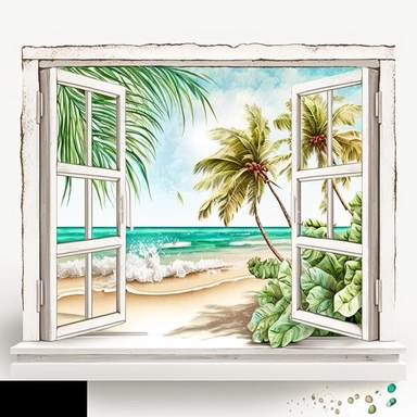 outside window summer beach scene watercolor white background clipart