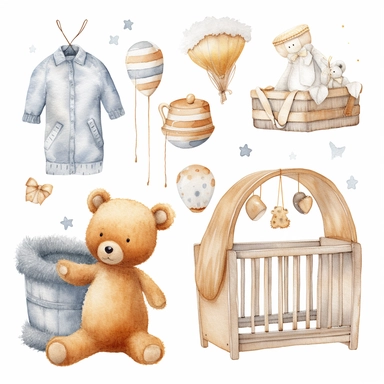 watercolour clipart of newborn nursery items, including cot, dummie, hanging mobile, baby shoes, featuring cute teddy bear with white background