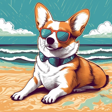 Clipart style corgi, oversized sunglasses, lounging on a sunny beach, clear skies, playful pose, hatching for texture, simple forms, bold outlines, colorful palette
