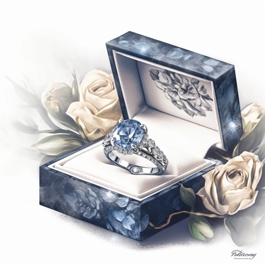 clipart, Elizabeth Taylor’s sapphire ring in a ring box on top of flowers, solid white background, in the style of ethereal illustrations, mende art, kimoicore, romantic emotivity, rich and immersive, soft color, wedding theme, expensive, double tone effect, silver and sterling, light navy and powder blue, wedding theme