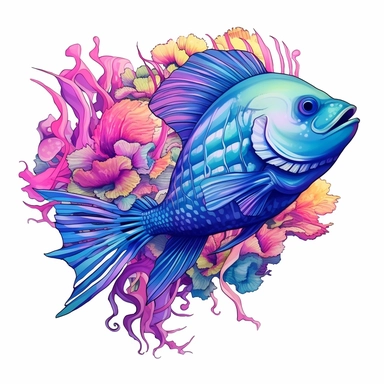 A fantasy style neon colored over realistic skate type fish under the deep sea with watercolor effect, neon colored sea plants,suitable for digital clipart,white background Clipart ,Cartoon,hyper realistic, intricate detail, illustration style,high solution,on the white background