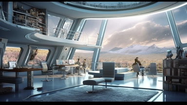 movie clip scene , shimmering lights and shadows over living room studio library and kitchen open concept photographic high definition render, cold blinding shinny white winter light god rays shadows shimmering closeup detail concept art detailed painting with giant spaceship window of a cool industrial living quarters spaceship , huge over window with gorgeous galactic view, happy blade runner android, cool airvehicle cockpit, living bedroom office, droid parts in shinny clothes sitting on a fr