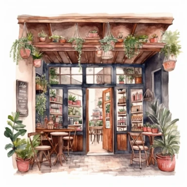Italian vintage shop clipart, Watercolor, detailed, interior design, Italian cafe interior clipart, Italian cafe illustration, white background, no caption, no text