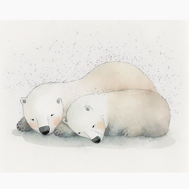 watercolor and pencil drawing of an cute polar bear cubs rolling in the snow, ​happy, gentle smile, beautiful watercolor ink wash coloring, whimsical art thick pencil lines, Jon klassen, beatrix potter, popular on etsy, watercolor illustrations clipart, watercolor illlustrations for kids and children, plain white background