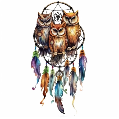 four colorful watercolor owls with a dream catcher, in the style of cartoon realism, dye-transfer, uhd image, free brushwork, captivating, colorful realism Clipart desert cartoon t-shirt graphic, vector,contour, isolated on a white background