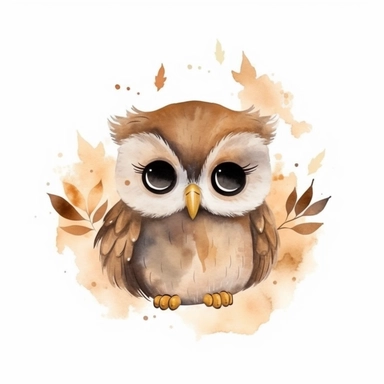 The clipart features a 4K quality illustration with a dreamy and calm atmosphere. The background is a simple, minimalist, and uniform color, creating a clean and soothing backdrop. The clipart depicts a small cute baby owl, portrayed as an irresistibly adorable little creature, with simple watercolor brushstrokes capturing its wise and endearing nature. The cute baby owl is illustrated in a childlike style, with fluffy feathers, big round eyes, and a curious expression. Its eyes are filled with 