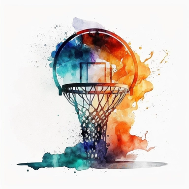 watercolor single basketball clipart, white background, basketball net, sitting on a basketball court