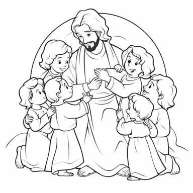 Jesus with children , b&w lineart, minimalist style, white background, full body, picture, coloring book style on white background, well composed, clean coloring book page, No dither, no gradient, strong outline, No fill, No solids, vector illustration, clipart, simple, cartoon –ar 9:11 –v 5