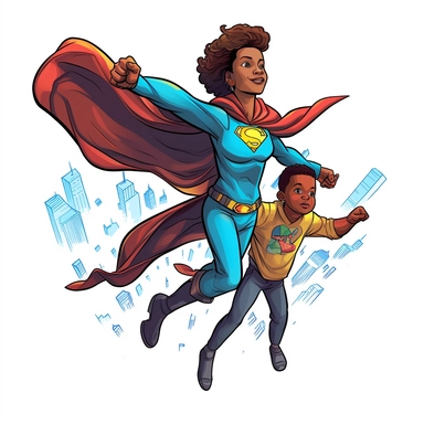 a comic-style, clipart image (floating image), full body image of a mother and child duo where the child is the superhero's sidekick, different ethnicities, wearing super suits