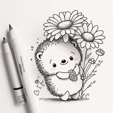 Happy cute cartoon hedgehog hugs a flower, white background, anime style, incredibly detailed , thick outline , Create a sketch of a black and white  Cute and adorable cartoon it , fantasy, dreamlike, surrealism, super cute, trending on artstation design,