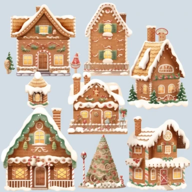 <@936929561302675456> very detailed, gingerbread house town village set of clipart, flat, no 3D, light brown and white, transparent background,