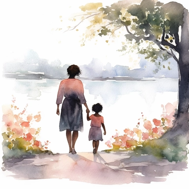 Watercolour illustration, A beautifu black Mom and Me Watercolor, Clipart, High Res, Mother's Day, Mother's Love, waterpaint, fresh colors, happy, white backgroundm, simplified Art Nouveau, walking toward to lake