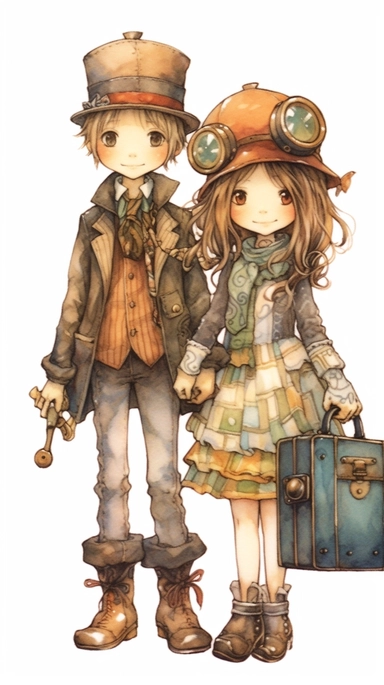 watercolor steampunk girl entire body and steampunk boy entire body with a steampunk suitcase by her side and holding a cute steampunk doll in her arms, illustration clipart by holly hobbie and mary engelbreit