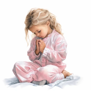 Watercolor cute praying little girl, kneeling by bed, pastel pink pajamas, beautiful details, ultra detailed, ultra photo real intricate detailed, high definition, graphic clipart, hyper realistic, detailed, white background