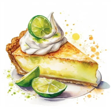 Watercolor clipart of Key Lime Pie: This tangy and creamy pie is a popular dessert during the summer months, often made with a graham cracker crust and topped with whipped cream, intricate details, vector, hyperrealistic, white background, no splashes,
